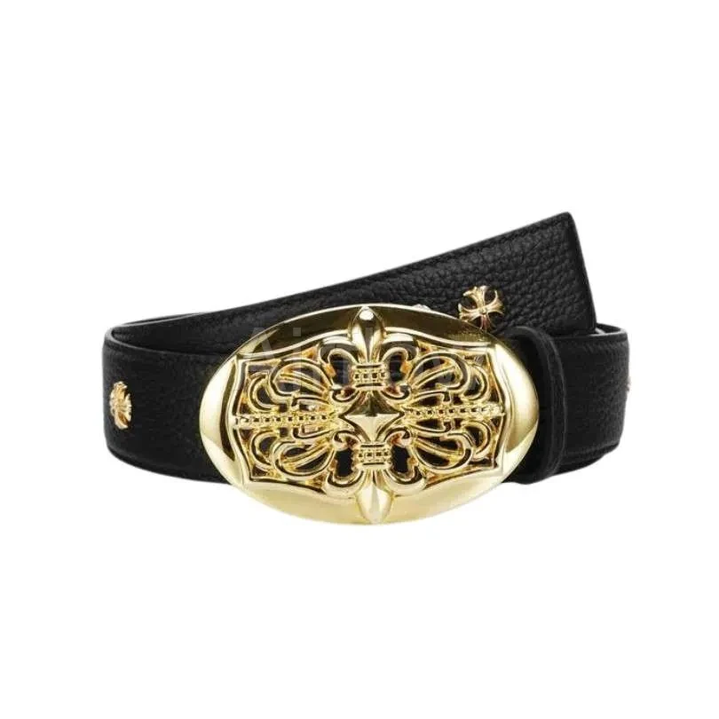 Belt Chrome Hearts Black Leather Gold Buckle CH067